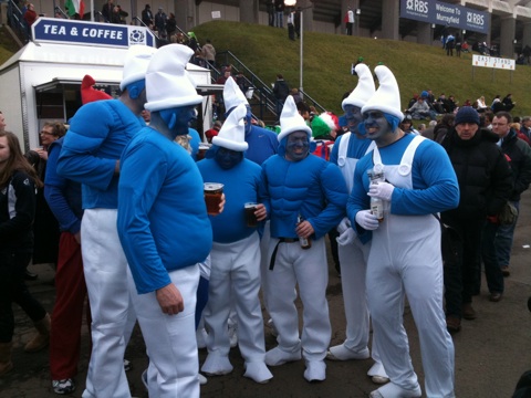 Rugby supporters dressed as Smurfs